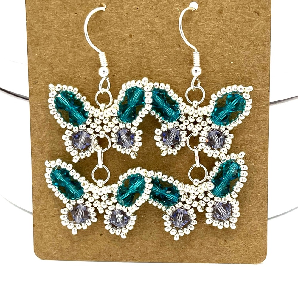HAND CRAFTED Crystal Butterfly Earrings Aqua and Lavender - Picture 3 of 3